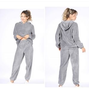 New! Plush 2pc Cozy fleece fuzzy hoodie & jogger track lounge set in gray